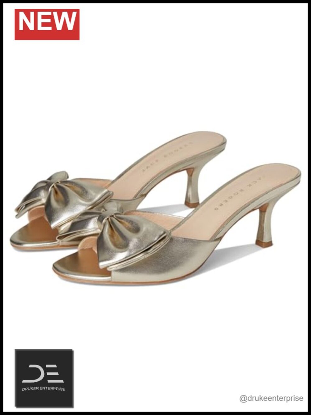 Jack Rogers Women's Lola Bow Sandal - Nappa Metal Leather Kitten Heel Square Toe